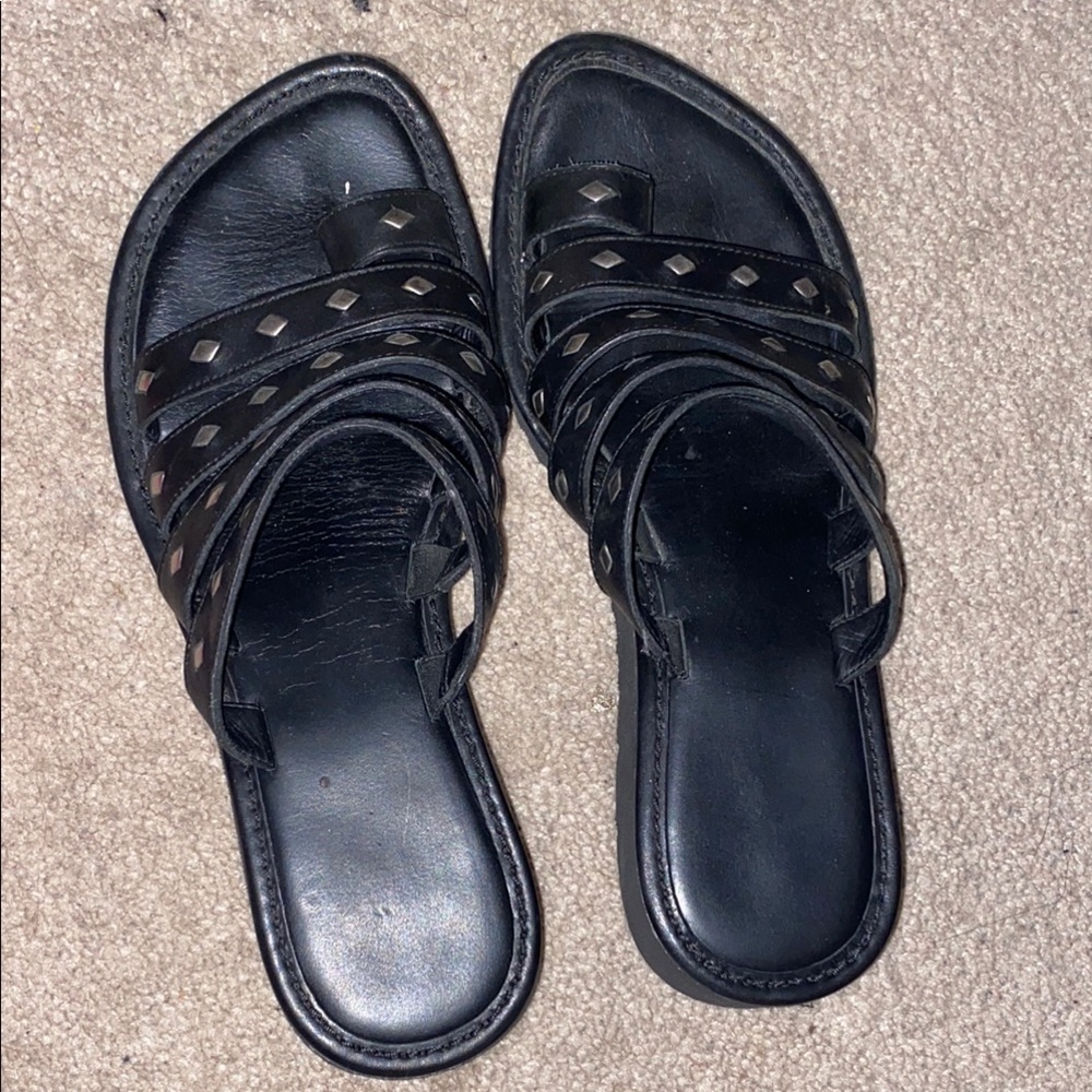 Vibram Black Sandals Smooth Leather Slip-On